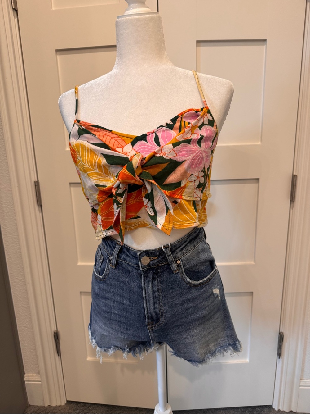 aerie Floral Tie-Front Crop Camisole in Pink, Yellow & Green